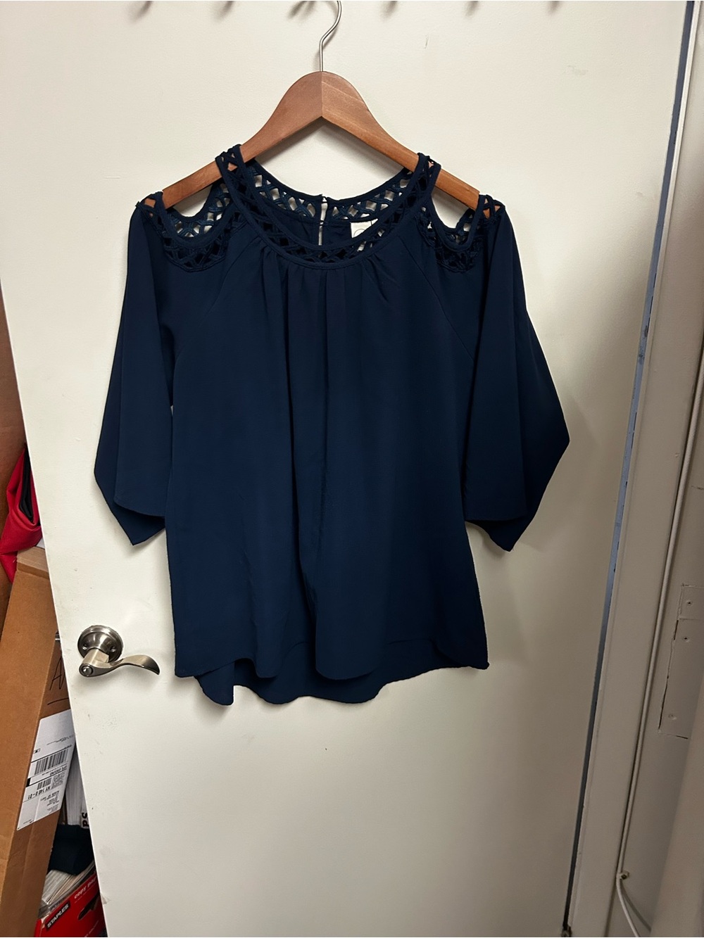 Paper Crane Navy Cold-Shoulder Crochet Yoke Blouse